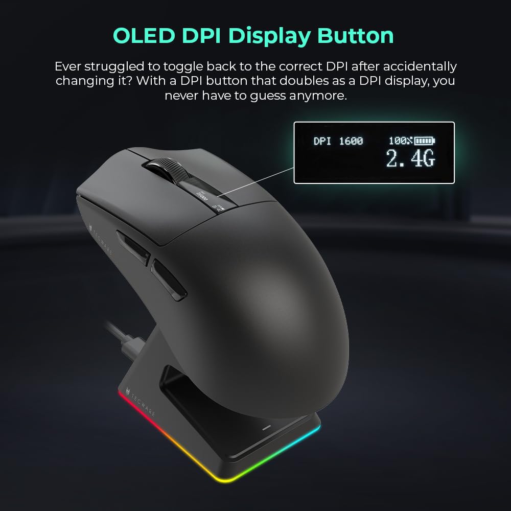 TECWARE EX1 Lightweight Gaming Mouse, 26K DPI Wireless Mouse, OLED Screen Display, 59g Lightweight, RGB Charging Dock, Tri-Mode Connectivity, Comes with PTFE Feet and Grip Tape, Gaming Mouse (Black)