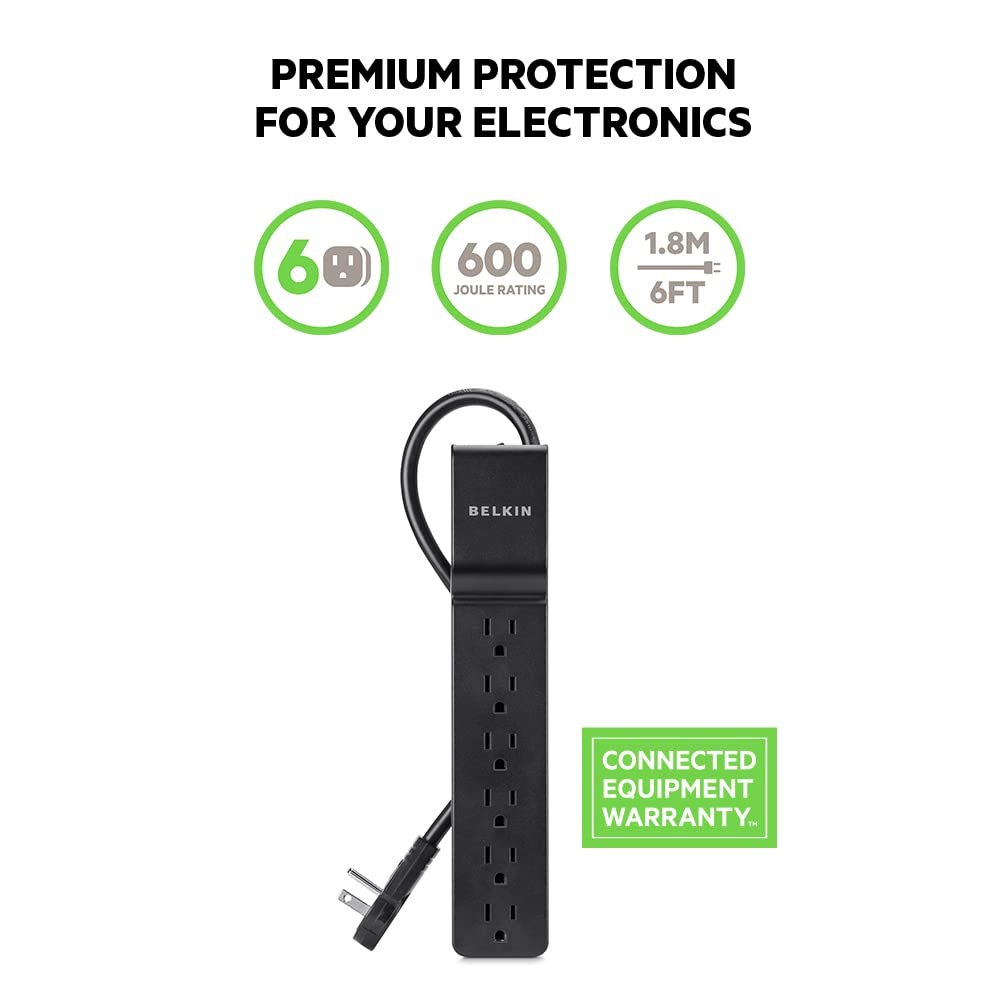 Belkin Power Strip Surge Protector with 6 AC Multiple Outlets - Flat Rotating Plug, 6 ft Long Heavy-Duty Extension Cord for Home, Office, Travel, Computer Desktop & Charging Brick (600 Joules) 3PK
