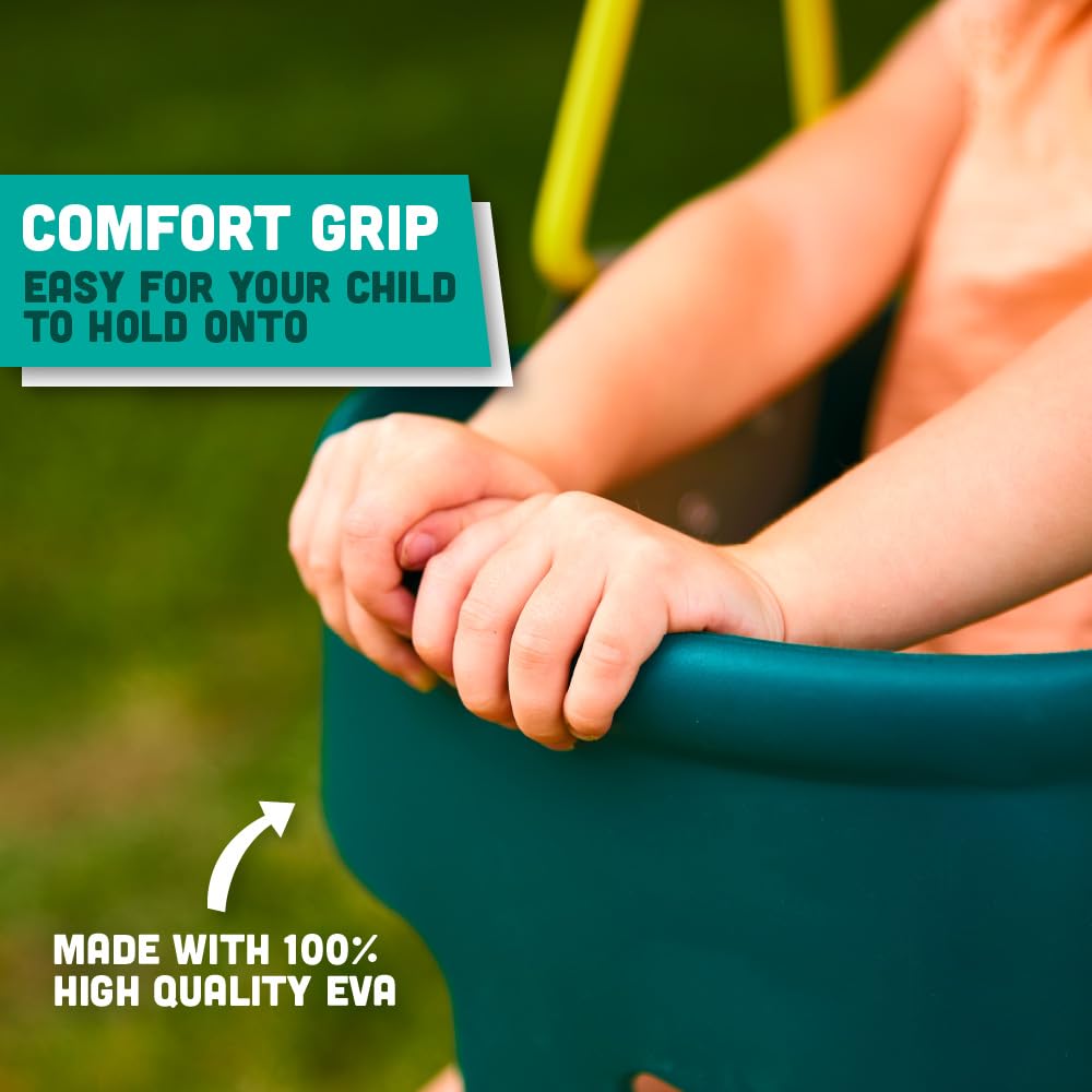 Premium High Back Full Bucket Toddler Swing Seat with Finger Grip, Plastic Coated Chains for Safety and Carabiners for Easy Install - Green - Squirrel Products