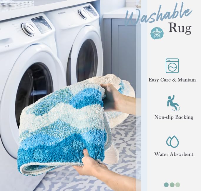 DyeFury Large Ocean Sea Wave Rug 60"x30", Beach Themed Room Decor Aesthetic, Beachy Decor for Bedroom Nursery Kitchen, Washable Blue Area Rug for Summer Room, Nautical Coastal Room Decor