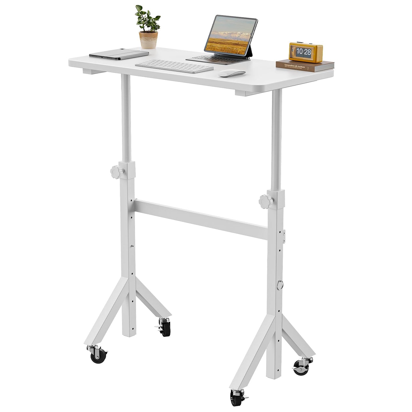 ErGear Small Standing Desk Adjustable Height, 6 Height Settings Up to 46.5″, Walking Pad Desk with Triangular Leg Design, Smooth Mobility with Lockable Wheels, Standing Desk for Walking Pad, White