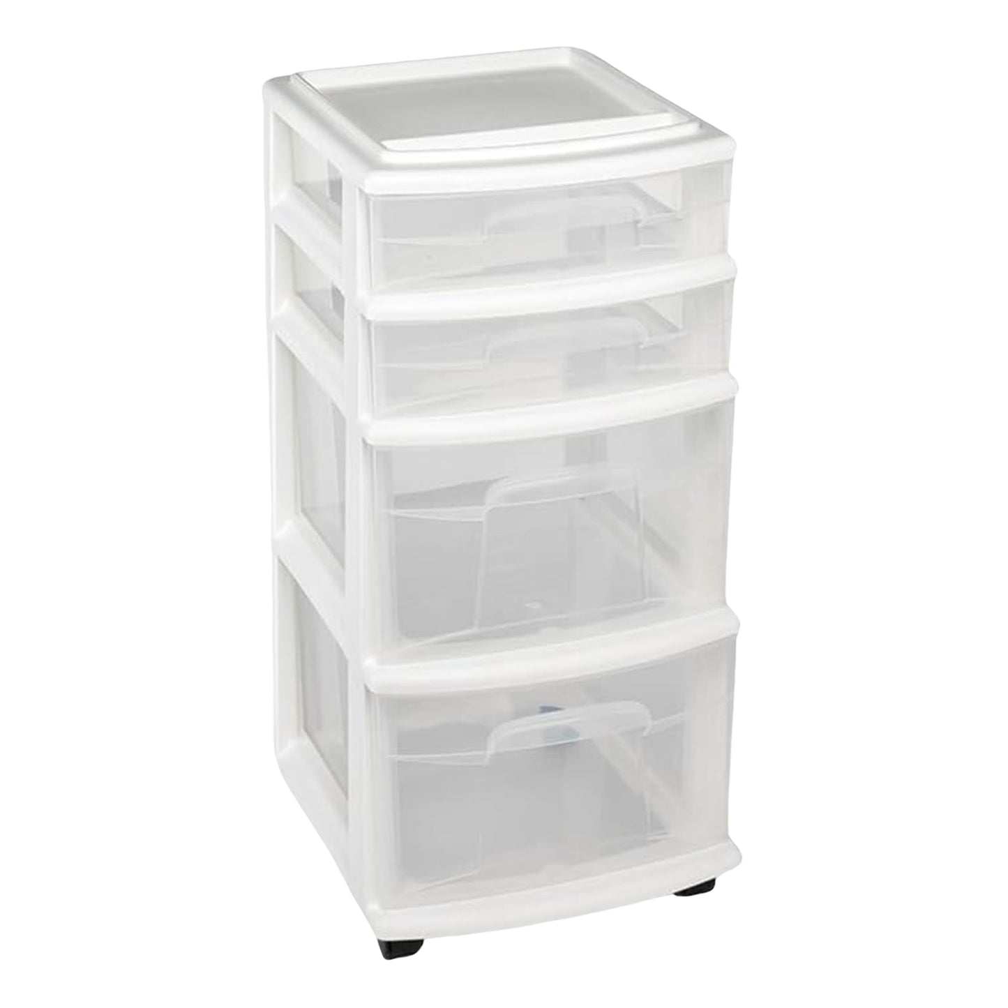 HOMZ Drawer Tower, 4-Tier Clear Plastic Storage Organizer Cart, White Frame - Rolling Drawers with Wheels for Desk, Dresser, Cabinet, Bedroom, Bathroom, Classroom, and Office Organization