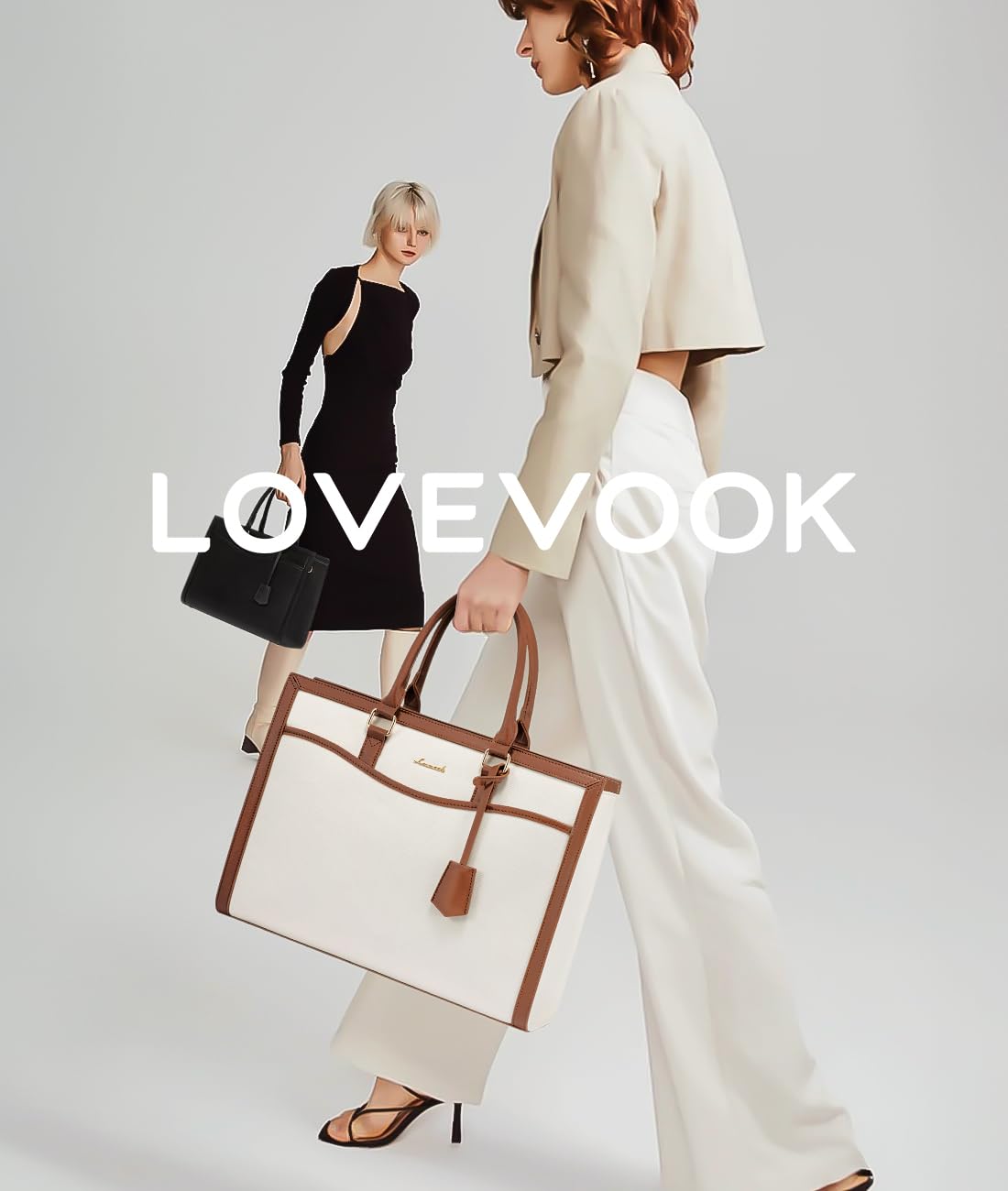 LOVEVOOK Laptop Tote Bag for Women, 15.6 inch Lightweight Canvas Office Work Bag Briefcase, Large Capacity Teacher Computer Bag Handbag for Travel Business,2pcs Set Canvas/Beige-Brown