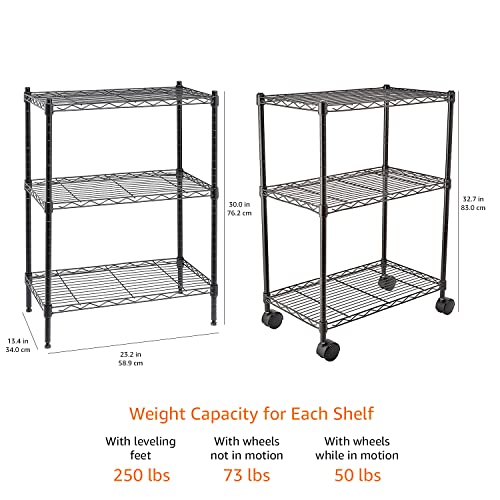 Amazon Basics 3-Shelf Adjustable, Heavy Duty Storage Shelving Unit on 2'' PP Plastic Wheel Casters, Metal Organizer Wire Rack, 23.2" L x 13.4" W x 32.75" H, Black