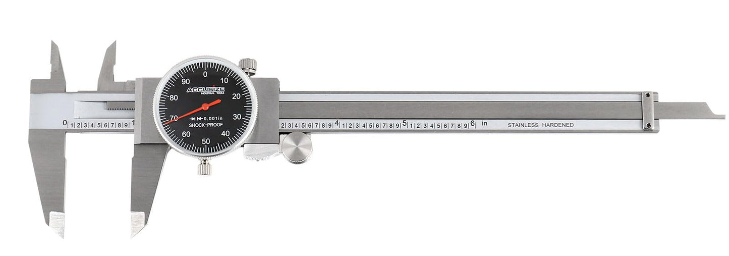 Accusize Industrial Tools 0-6" x 0.001" (Range x Resolution) Dial Caliper, Black Face Red Needle, Stainless Steel in Fitted Box, P920-B216