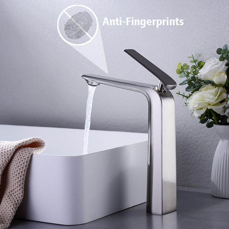 TOCALOCA Tall Vessel Sink Faucet, Premium Brass Mixer Tap Brushed Nickel Single Handle Vanity Faucet 1 Hole, Modern Commercial Anti-Fingerprints