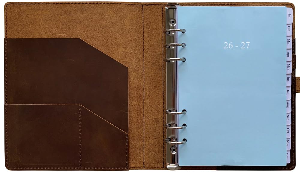 2026-2027 Leather Planner - A5 Genuine Leather Binder Planner with Weekly & Monthly Pages for Men and Women, Inner Pockets and Pen Holder, Refillable