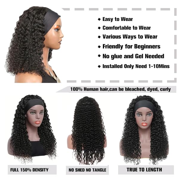jkahh Curly Headband Wig Human Hair 20Inch Human Hair Headband Wig Glueless Wear and Go Human Hair Scarf None Lace Front Wigs 150% Density Natural Color