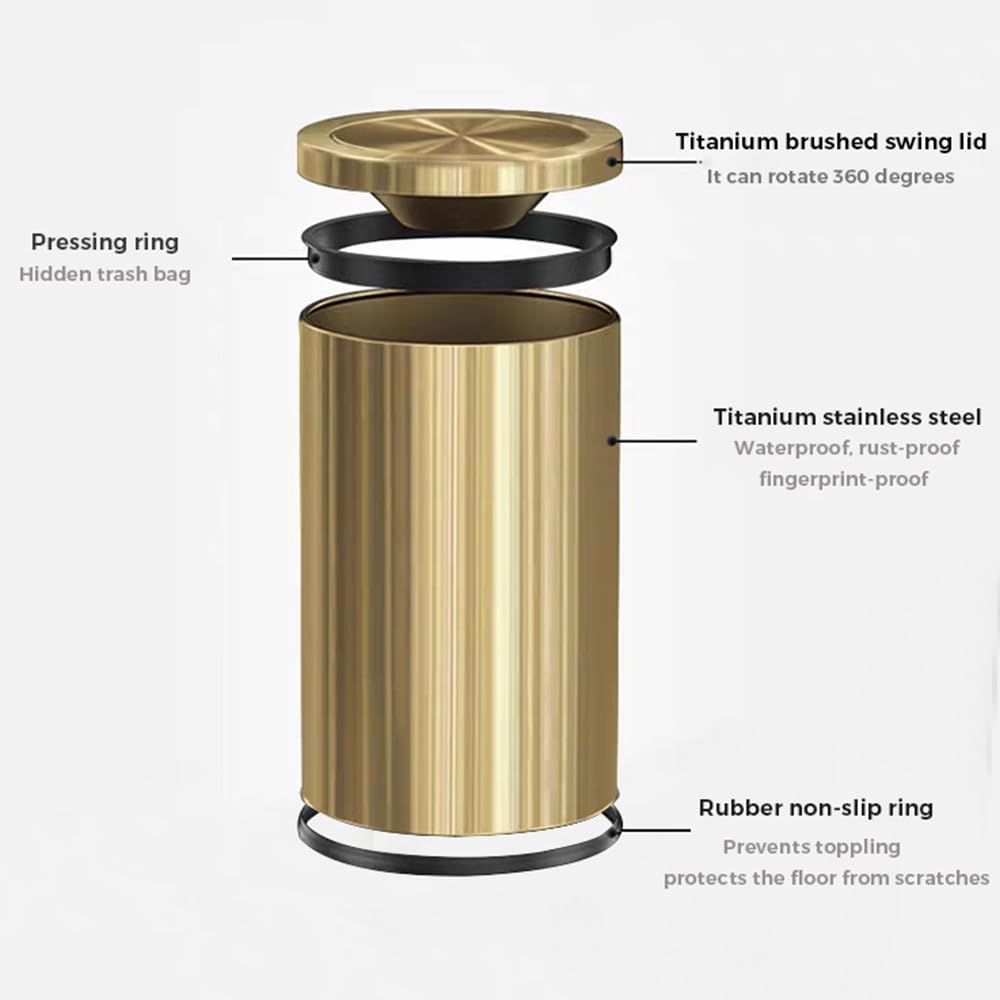 LEASYLIFE Small Trash can with Flipping lid, Stainless Steel, 2.4gallon,Garbage cans for Bathroom, Kitchen, Living Room. Metallic Gold (Singer)