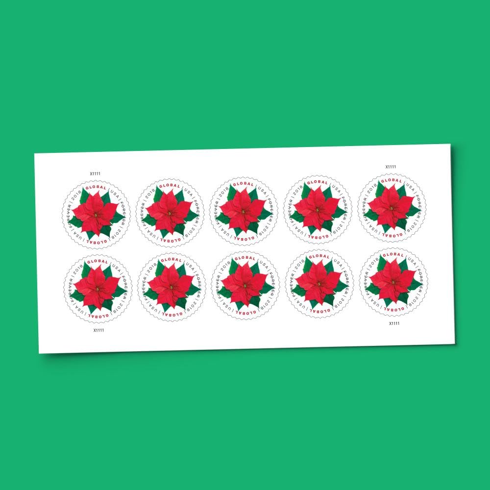 Global Poinsettia 2 Sheets of 10 International First Class Forever US Postage Stamps Mail Holiday Celebration Flower (20 stamps)