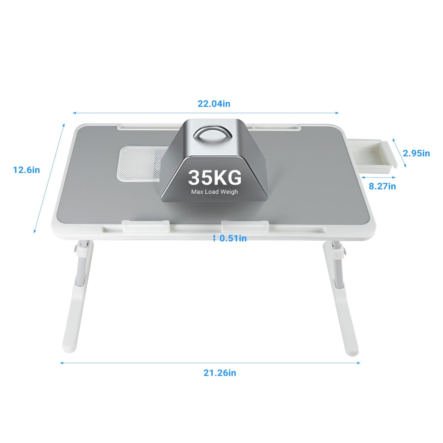 Laptop Lap Desk with Cooling Fan - Adjustable with Light, USB, Storage Drawer - Folding Bed Desk,22.04"*12.59",Grey