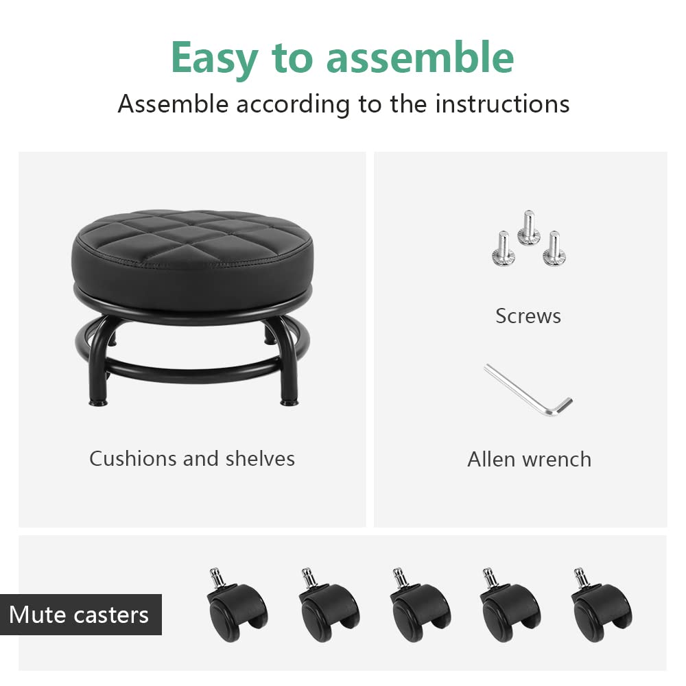 FURWOO Low Roller Seat PU Leather Rolling Stool with Wheels for Manicure, Mechanic,Home Office, Garage Shop Black