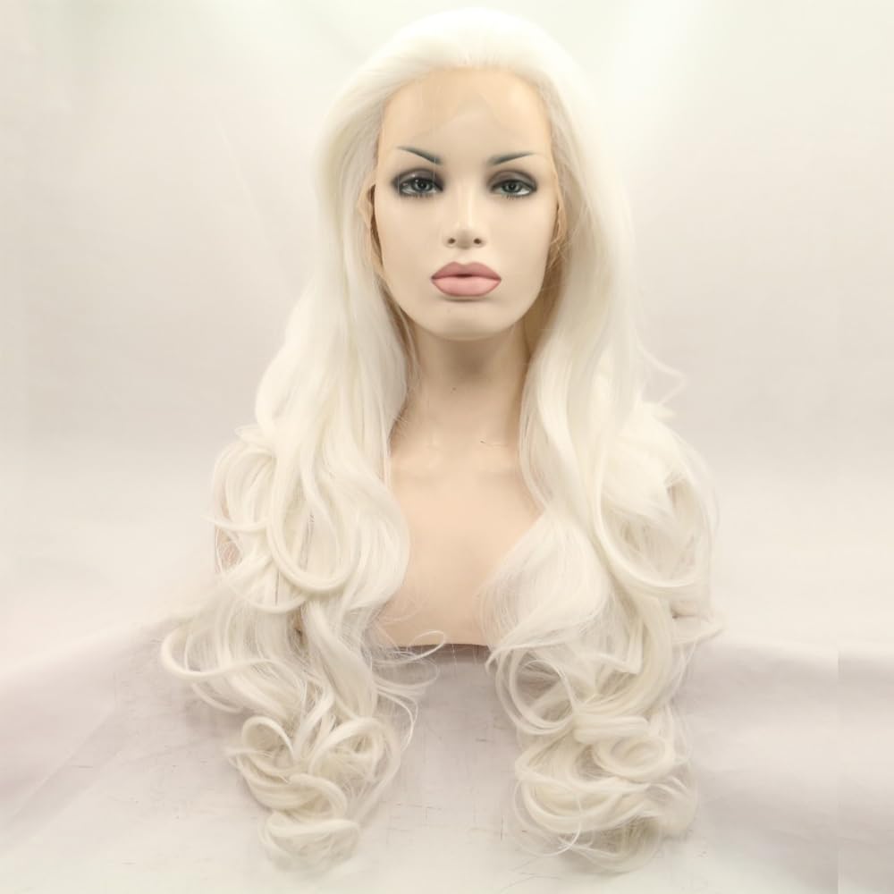 Xiweiya Blonde Lace Front Wig Long Body Wavy White Blonde Synthetic 13x4 Lace Front Wig 60# Platinum Blonde Half Hand Tied Heat Resistant Hair 180% Density Hair Replacement for Women Drag Queen 24inch