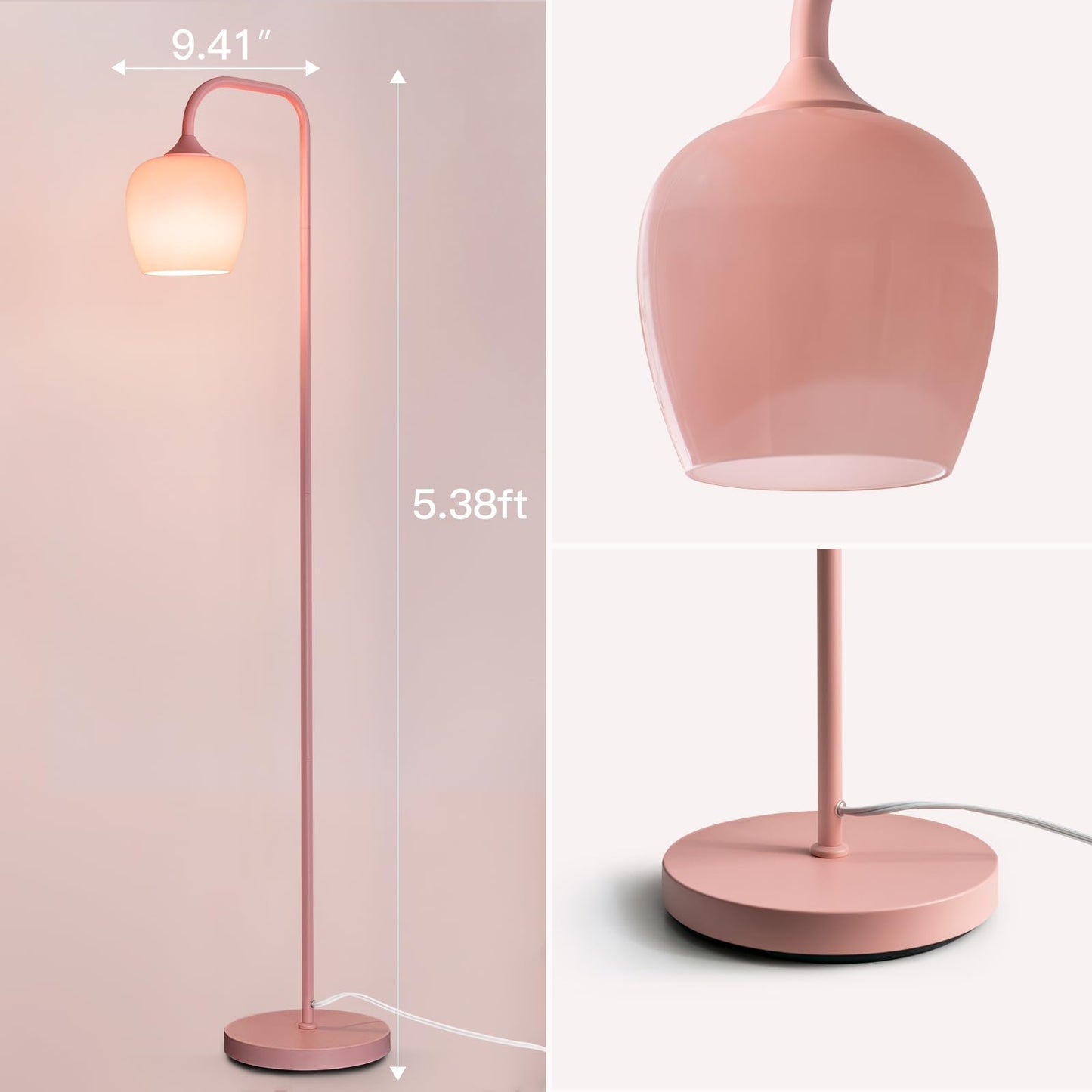 ONEWISH Pink Floor Lamp-Modern Standing Lamp for Living Room Bedroom, Glass Lamp Shade, LED Bulb Included, Cute Simple Design, for Girls Women