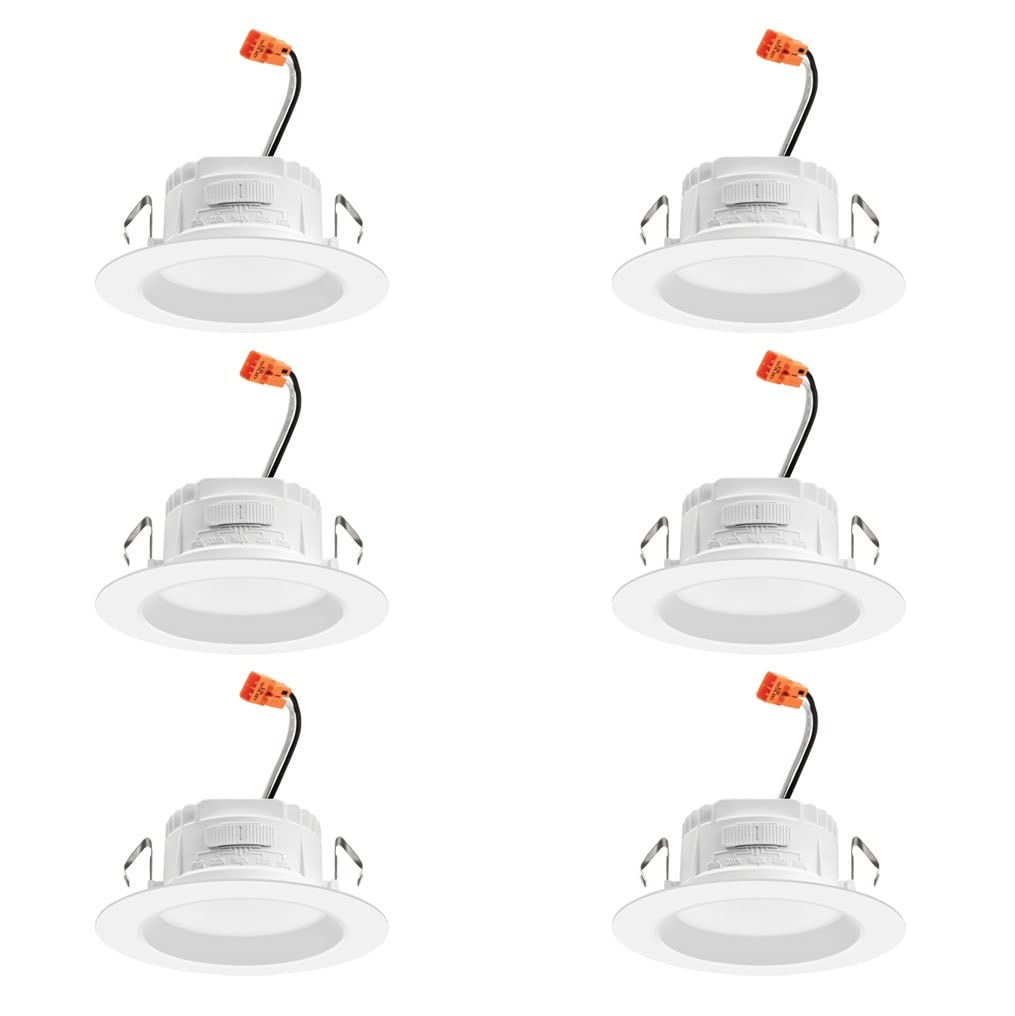 Juno 4 Inch LED Recessed Lighting, RetroBasics Series LED Downlight Trim Kit, Regressed 4" Ceiling Light with 5-in-1 Switchable White Color, 625 Lumens, Baffle Trim, Matte White (6-Pack)