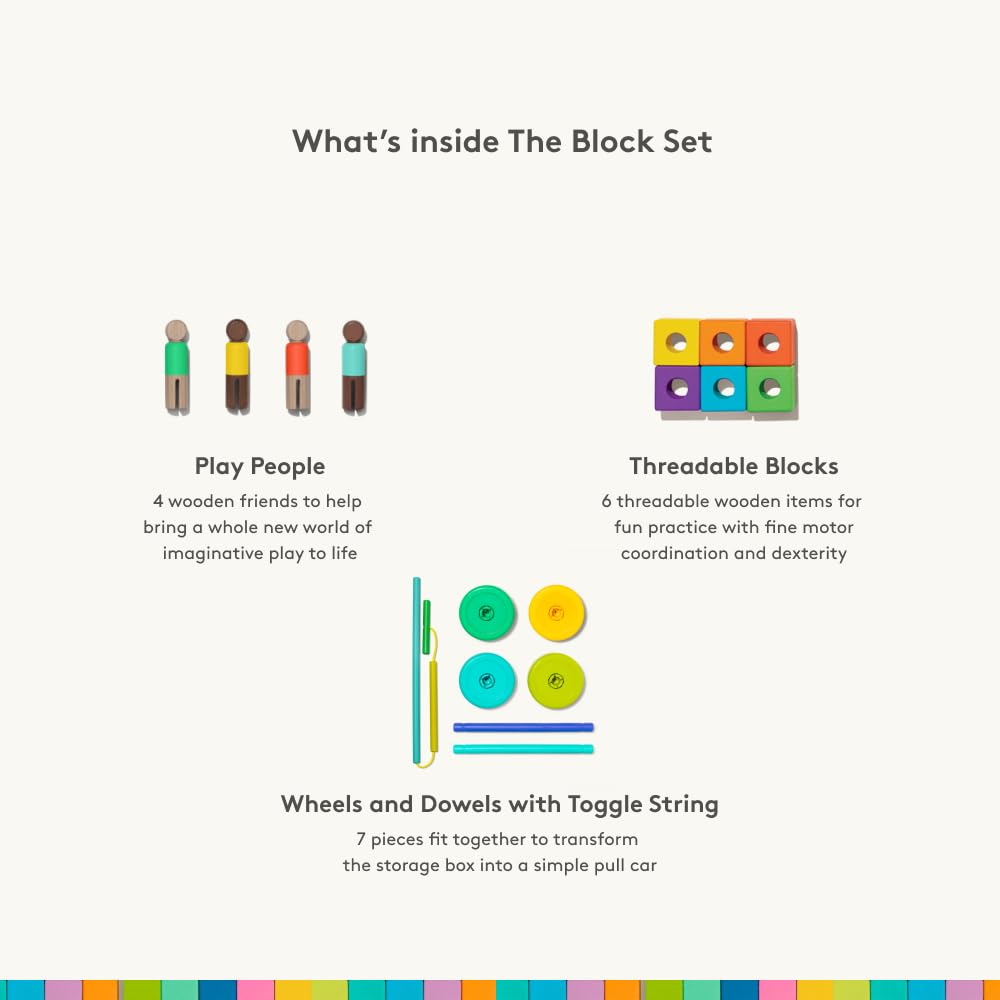 The Block Set by Lovevery – Solid Wood Blocks and Shapes + Wood Storage Box, 70 Pieces, 18 Colors, 20+ Activities