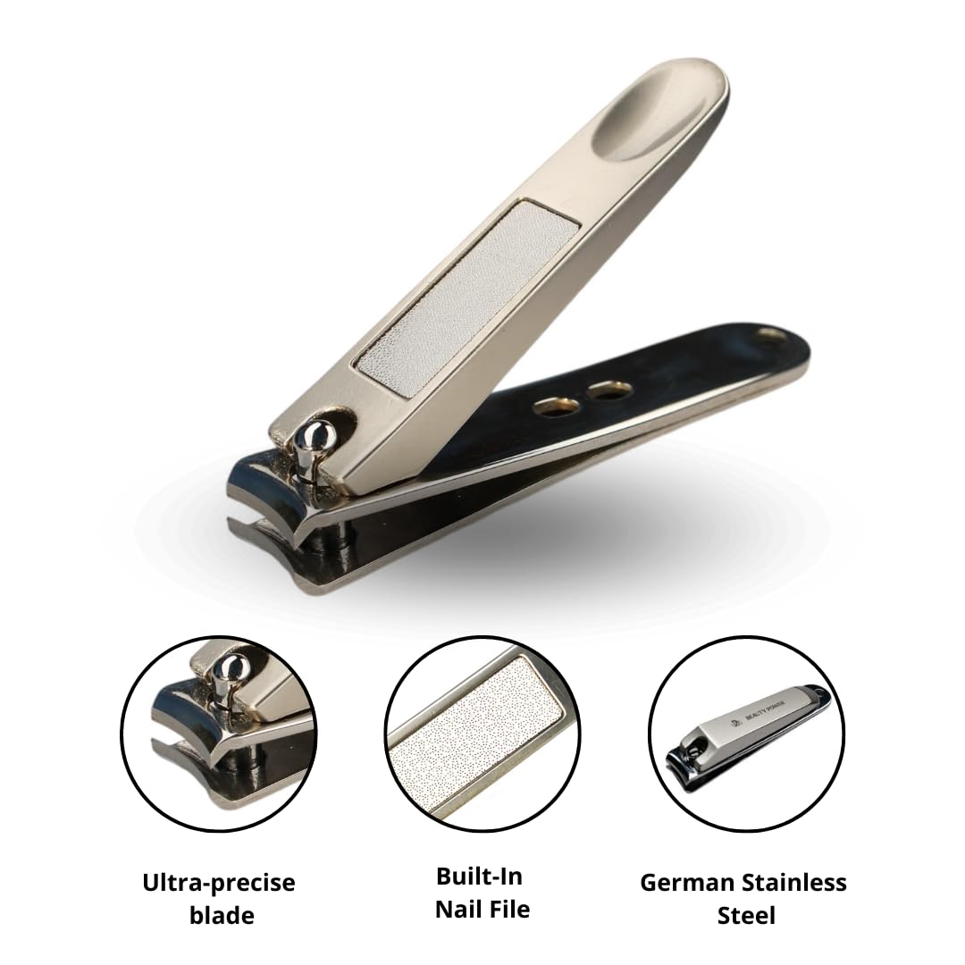 Beauty Power Manicure Pedicure Set 7-in-1 Stainless Steel, Ultra Sharp, Slanted Nail Clipper, Fingernail Clipper, Cuticle Nipper, Glass Nail File, Eyebrow Tweezers, Scissors, Case – Gift (Matte Grey)