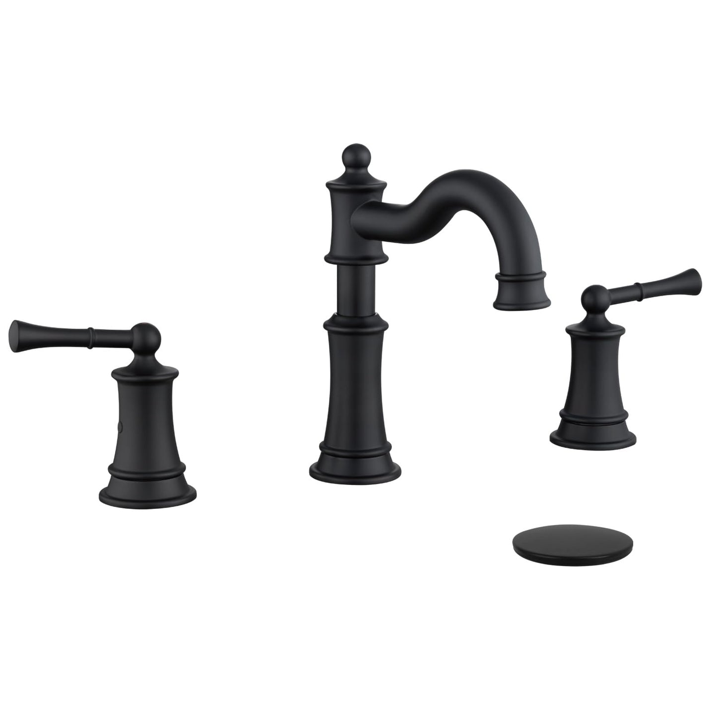 NAUKWAN Roman Bathroom Sink-Faucet 3-Holes, Matte Black Rotated Spout Vanity Basin Faucets 3 Holes 2 Handles 8 inches Widespread Deck Mount Brass Faucet for Sink with Overflow Pop Up Drain NL2204-BK
