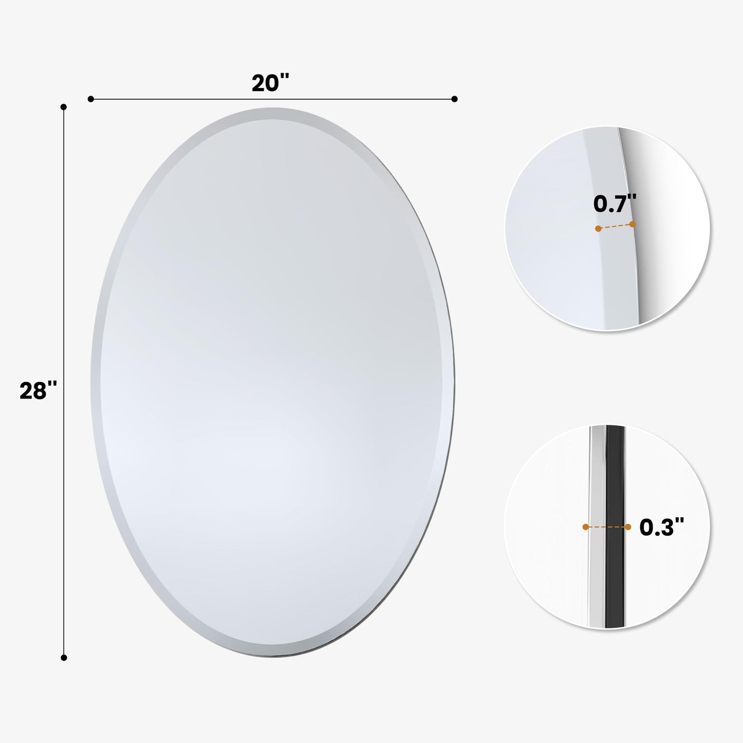 Pocetry 20 x 28 Inch Oval Bathroom Mirror, Frameless Beveled Vanity Mirror for Over Sink, Solid-Backed 2-Way Wall Mirror for Powder Room and Entryway