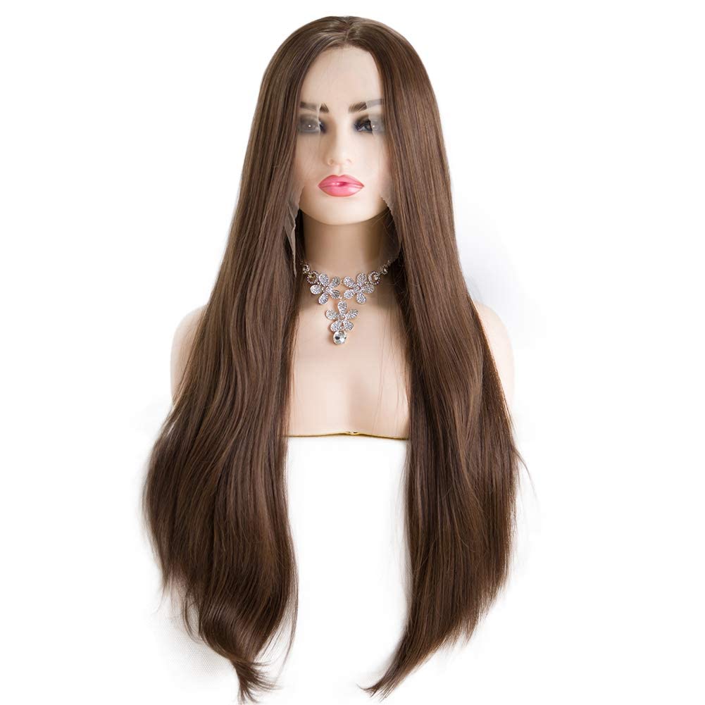 Kalisa Angle Lucky Brown Lace Front Wig for Women Synthetic Brown Long Straight Middle Part Wig Heat Resistant Fiber Glueless Makeup Cosplay Soft Wigs 26 Inch