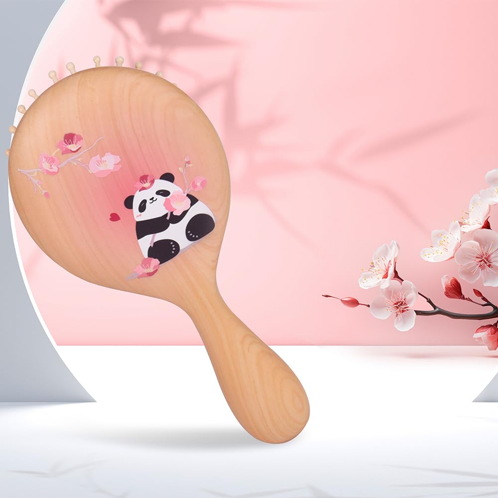 TAN MUJIANG Wooden Hair Brush for Long Hair Panda Pink 1PC