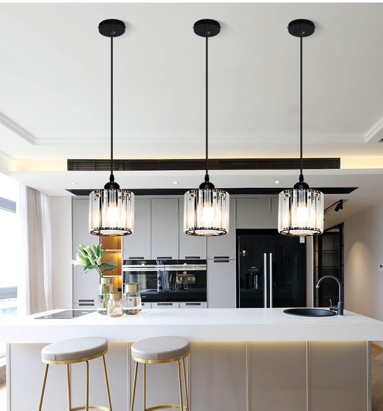 1 Pack Glass Pendant Light Battery Operated with Remote, Rechargeable Wireless Hanging Light Black, Battery Powered Pendant Lamp Small Crystal Glass Chandelier for Kitchen Dining Table Bedroom