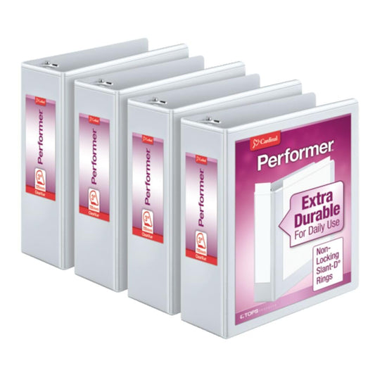 Cardinal Performer 3-Ring Binders, 3", Non-Locking Slant-D Rings, 725-Sheet Capacity, ClearVue Presentation, Non-Stick, PVC-Free, White, 4-Pack (27600)