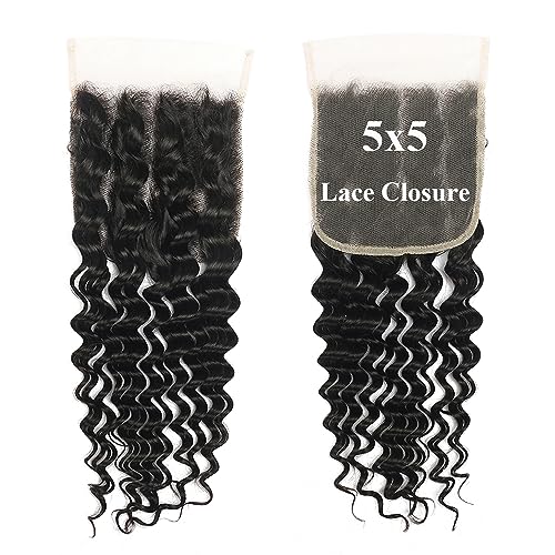 5x5 Closure Deep Wave Transparent HD Lace Closure 12A Brazilian Virgin Human Hair Closure Free Part Pre Plucked with Baby Hair Natural Color 16 Inch