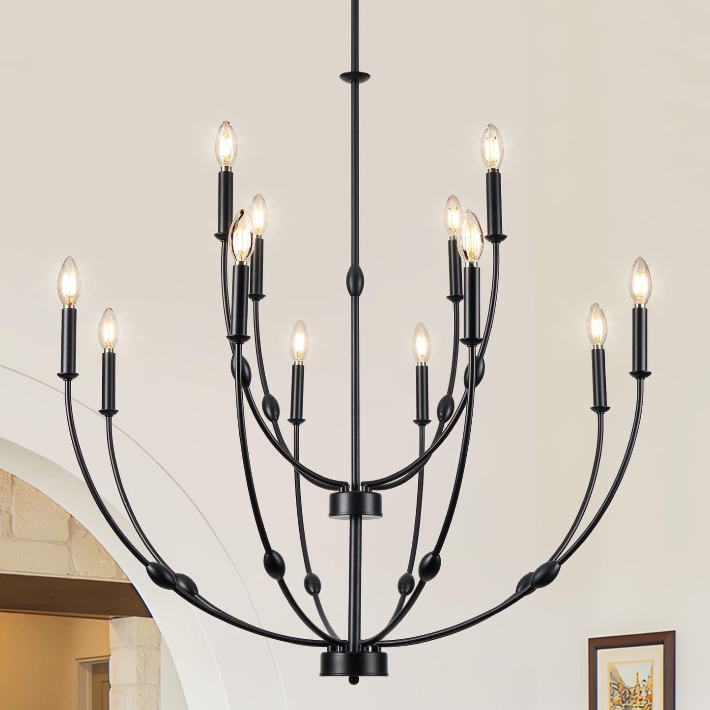 ACANER 12-Lights Black Farmhouse Chandelier for Living Room, 35 Inch 2-Tiers Large Chandeliers for High Ceilings, Modern Rustic Candle Chandelier for Foyer Entryway