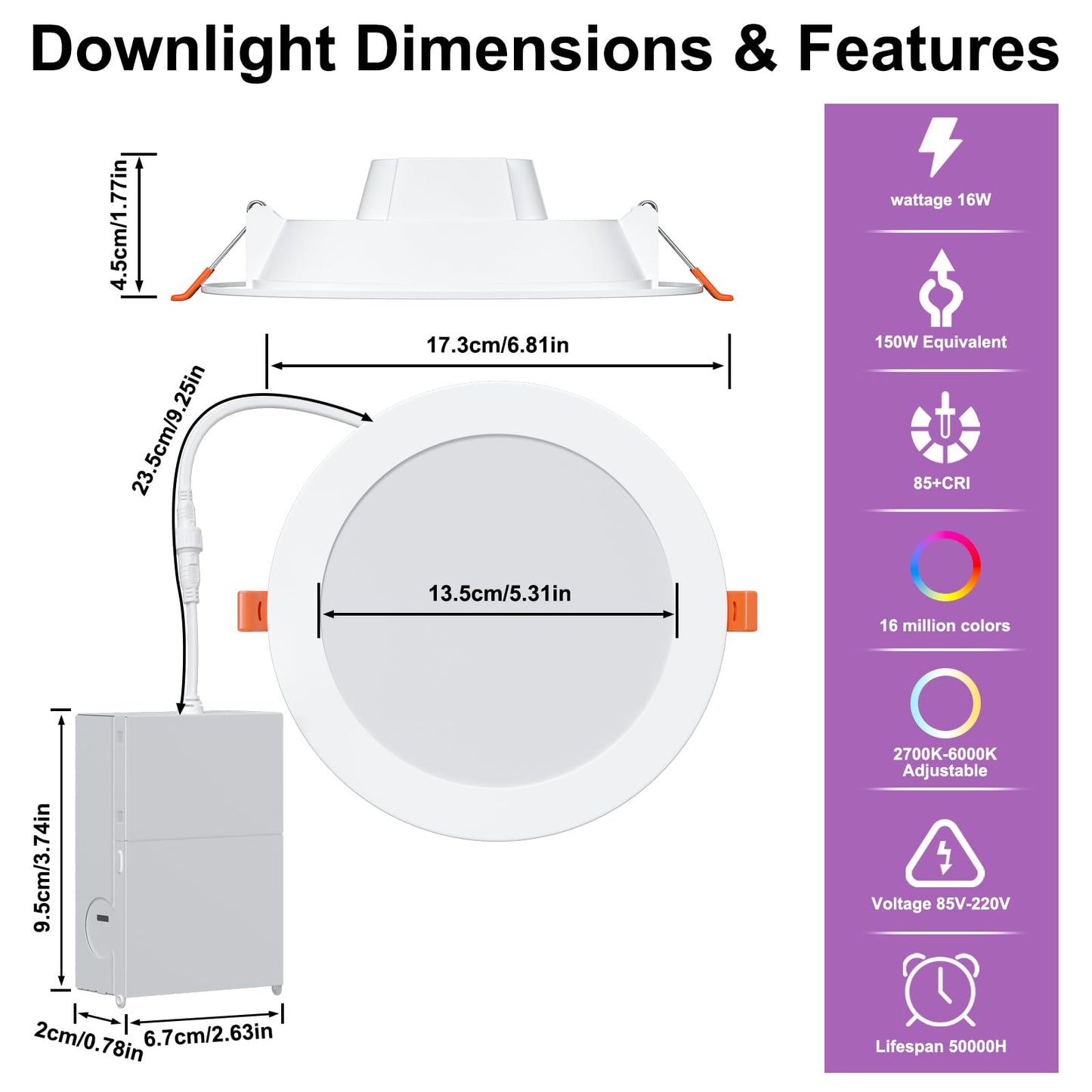 Smart Recessed Lighting 6 Inch RGBCW Color Changing 16W LED Recessed Ceiling Light with Junction Box,1350LM Canless LED Downlight Compatible with Alexa,Dimmable by Bluetooth Control -6 Pack