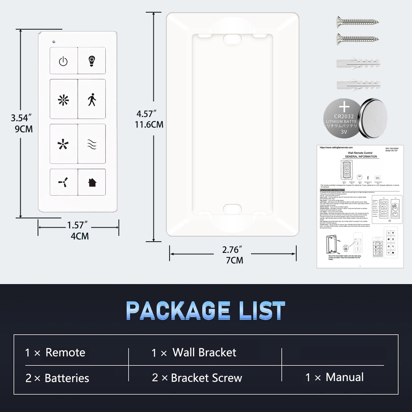 Ceiling Fan Remote Control with Light Dimmer, 3 Speeds Wall Remote, Compatible with Harbor Breeze, Prominence, Replacement for TR326A, 2AQZU-18052, 2AQZU-18007, 304.25MHz (Remote Only)