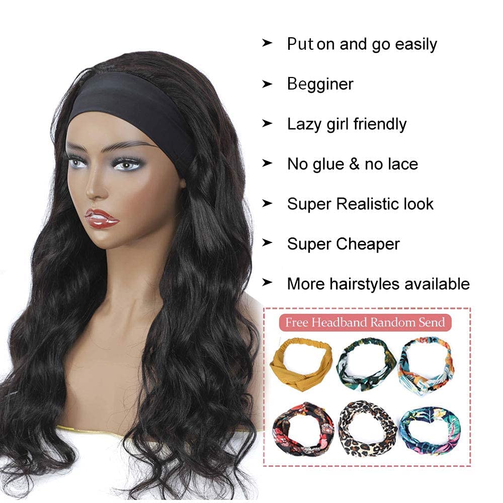 Headband Wig Human Hair Body Wave 16 Inch Glueless None Lace Front Wig Brazilian Virgin Hair Wear and Go Wigs for Black Women 150% Density Wigs Natural Black Color