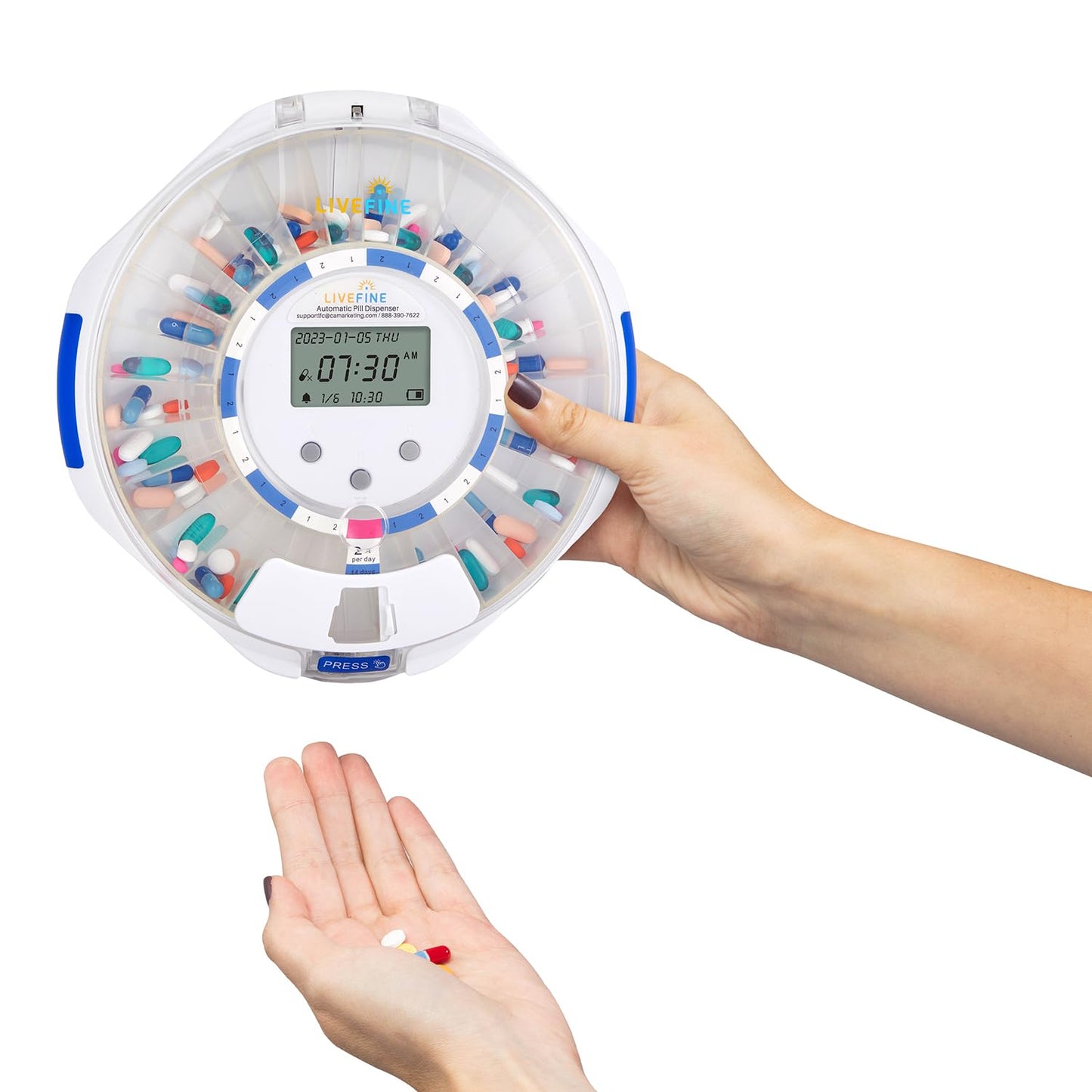 LiveFine Automatic Pill Dispenser with 28-Day Electronic Medication Organizer, 6 Dosage Rings, LCD Display with Sound & Light Alerts, Key & Magnifying Glass for Prescriptions, Vitamins & Supplements