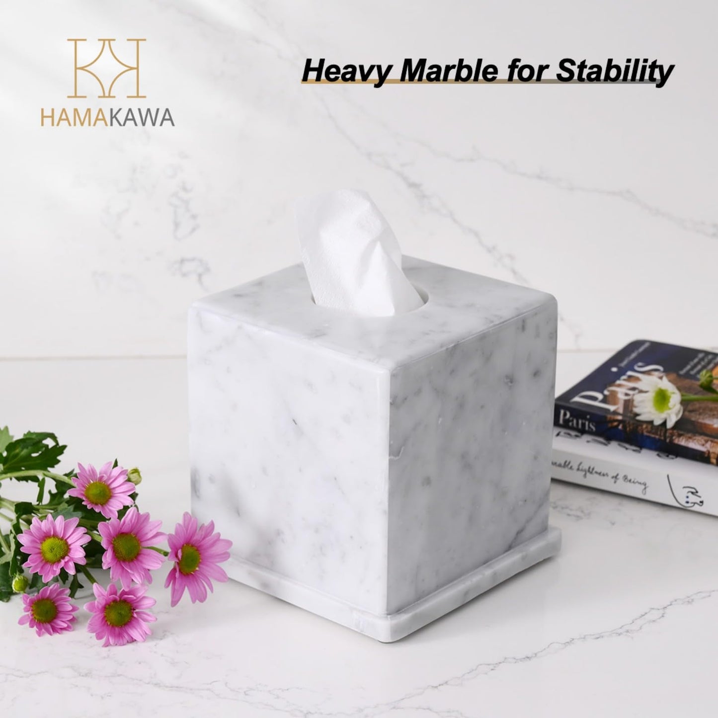 HAMAKAWA Natural Marble Tissue Box Cover, Carrara White Tissue Organizer 6 X 6 X 5.7 Inch, Heavy Stone Decorative Box, Square Tissue Box Holder for Home Decor, Kitchen, Bathroom