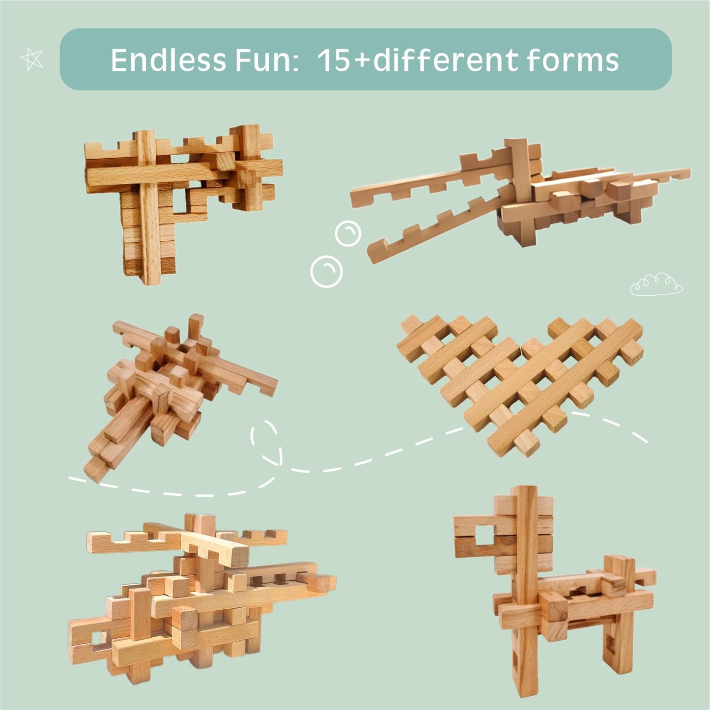 GLCforever 15 in 1 Educational Wooden Building Blocks - Mortise and Tenon Assembled into 15+ Various Shapes, STEM Toys Gift for Kids and Classroom, DIY Building Toys for Ages 5+ Teens Adults - 42 Pcs