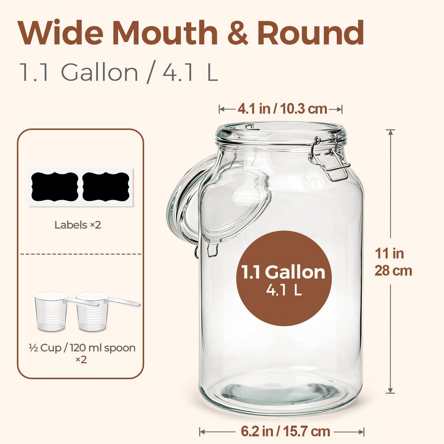 ComSaf 1.1 Gallon Glass Jars with Airtight Lids (138oz, Set of 2), 4-Inch Extra-Wide Mouth Heavy Duty Canisters for Bulk Flour, Sugar & Rice Storage, Ideal for Kombucha, Kimchi, Sauerkraut & Pickling