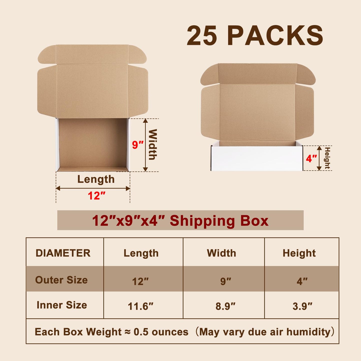 Hguba 12x9x4 Inches Shipping Boxes Set of 25, White Corrugated Cardboard Boxes, Mailer Boxes for Small Business