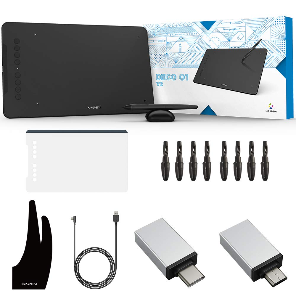 XPPen Deco 01 V2 Graphics Tablet 10x6.25 Inch Drawing Tablet 8192 Levels Pressure Battery-Free Pen with Tilt Function Android/Chromebook Supported Online Teaching Tablet Black