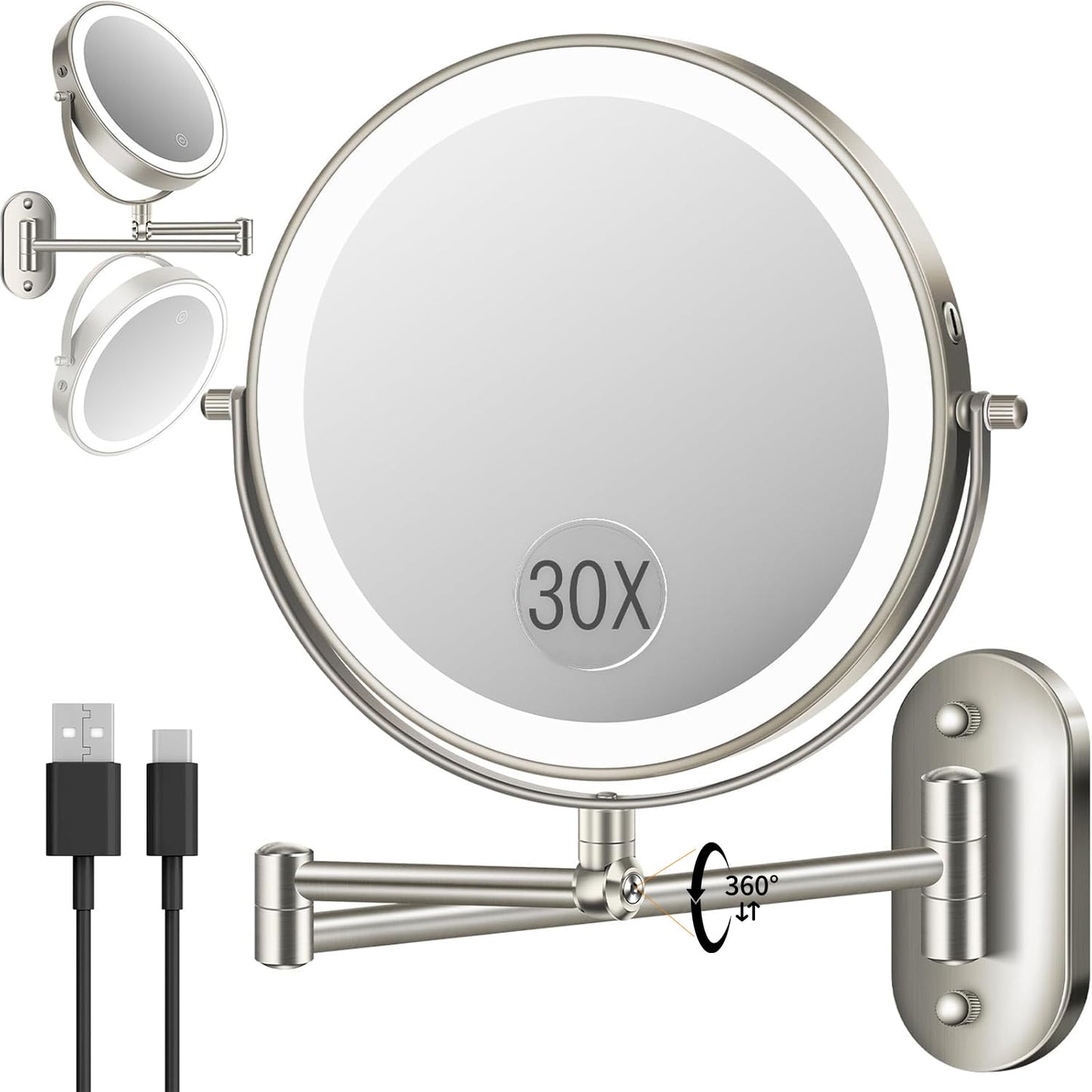 9'' 30X/1X Wall Mounted Lighted Makeup Mirror, Height Adjustable Double Sided 5000mAh Rechargeable Magnifying Bathroom Mirror with Light, 3 Color Modes Touch Dimmable Extended Arm 360 Rotation