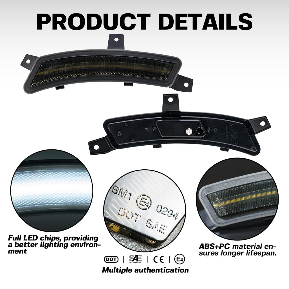 NJSBYL 2pcs Yukon LED Side Marker Light Fit 2025 2026 Chevy Tahoe GMC Yukon XL Suburban Front Bumper Fender Sidemarker Lamp Xenon White Escalade ESV Full LED Turn Signal Light Kit Smoke Lens Assembly