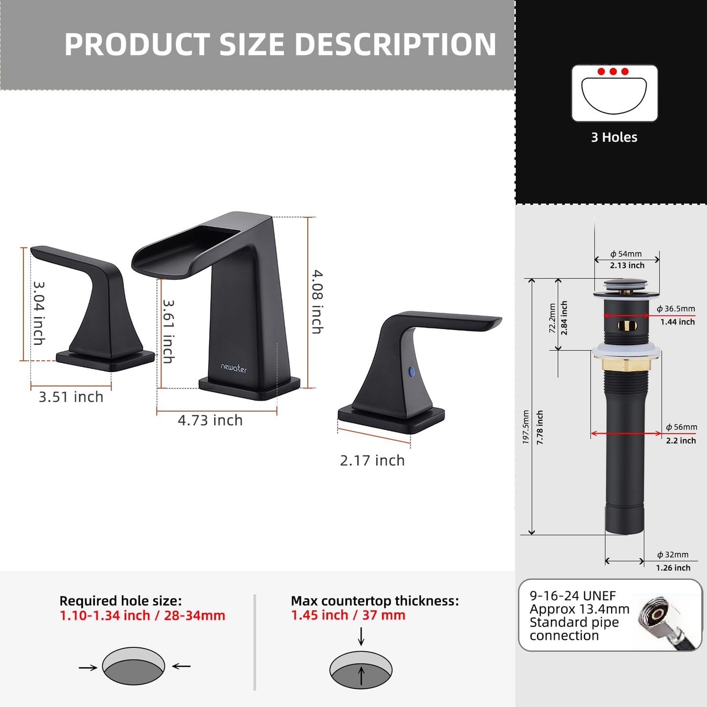 NEWATER Matte Black Solid Brass Bathroom Faucet 8" Widespread, Waterfall 3-Hole Vanity Sink Faucet with Metal Pop-Up Drain & Supply Lines, Two Handle Bathroom Faucet for Sinks