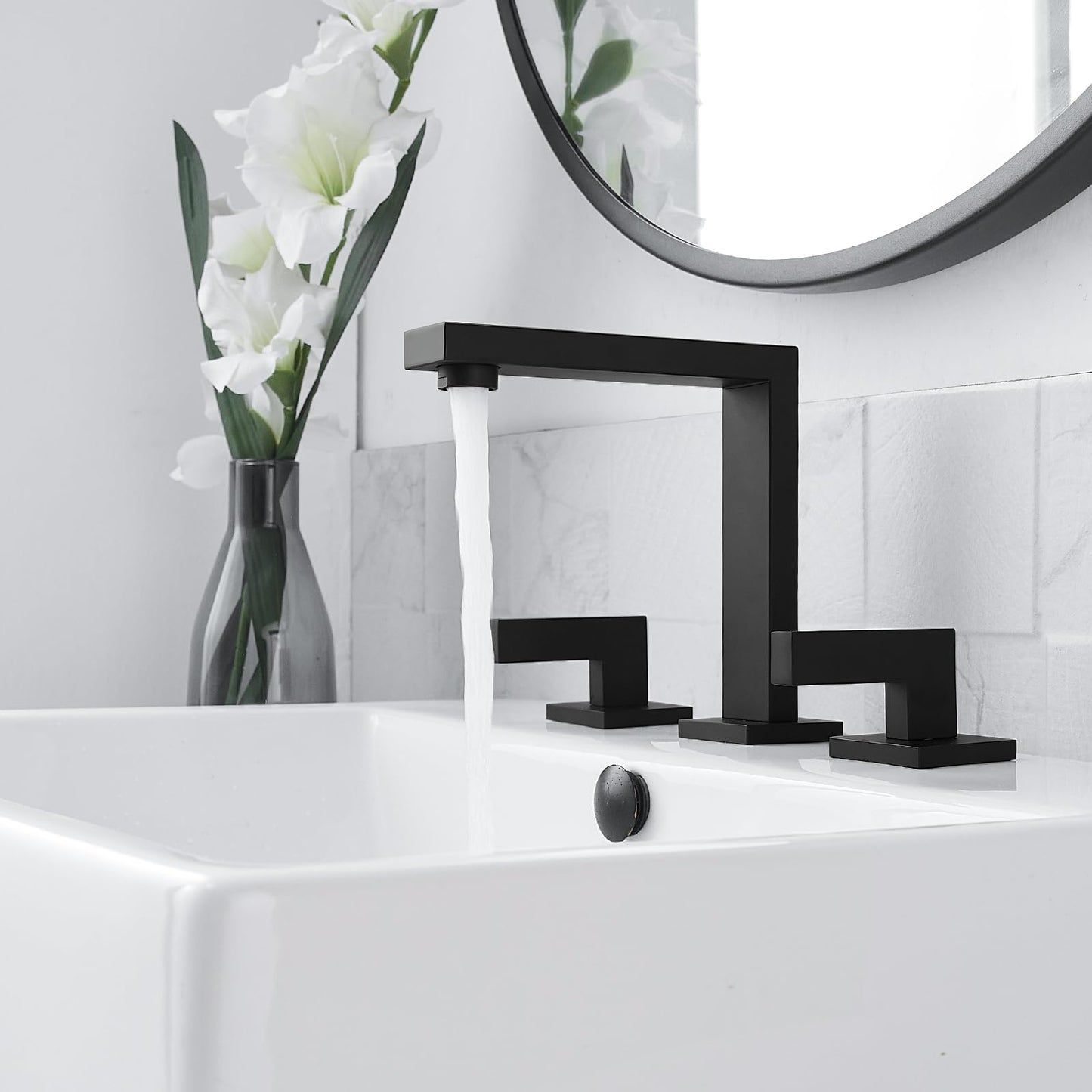 RUMOSE 8 inch Widespread Matte Black Bathroom Faucets for Sink 3 Hole Stainless Steel 2 Handle Lavatory Square Faucet Modern RV Bathroom Faucets with Pop Up Drain Vanity Faucet Deck Mounted