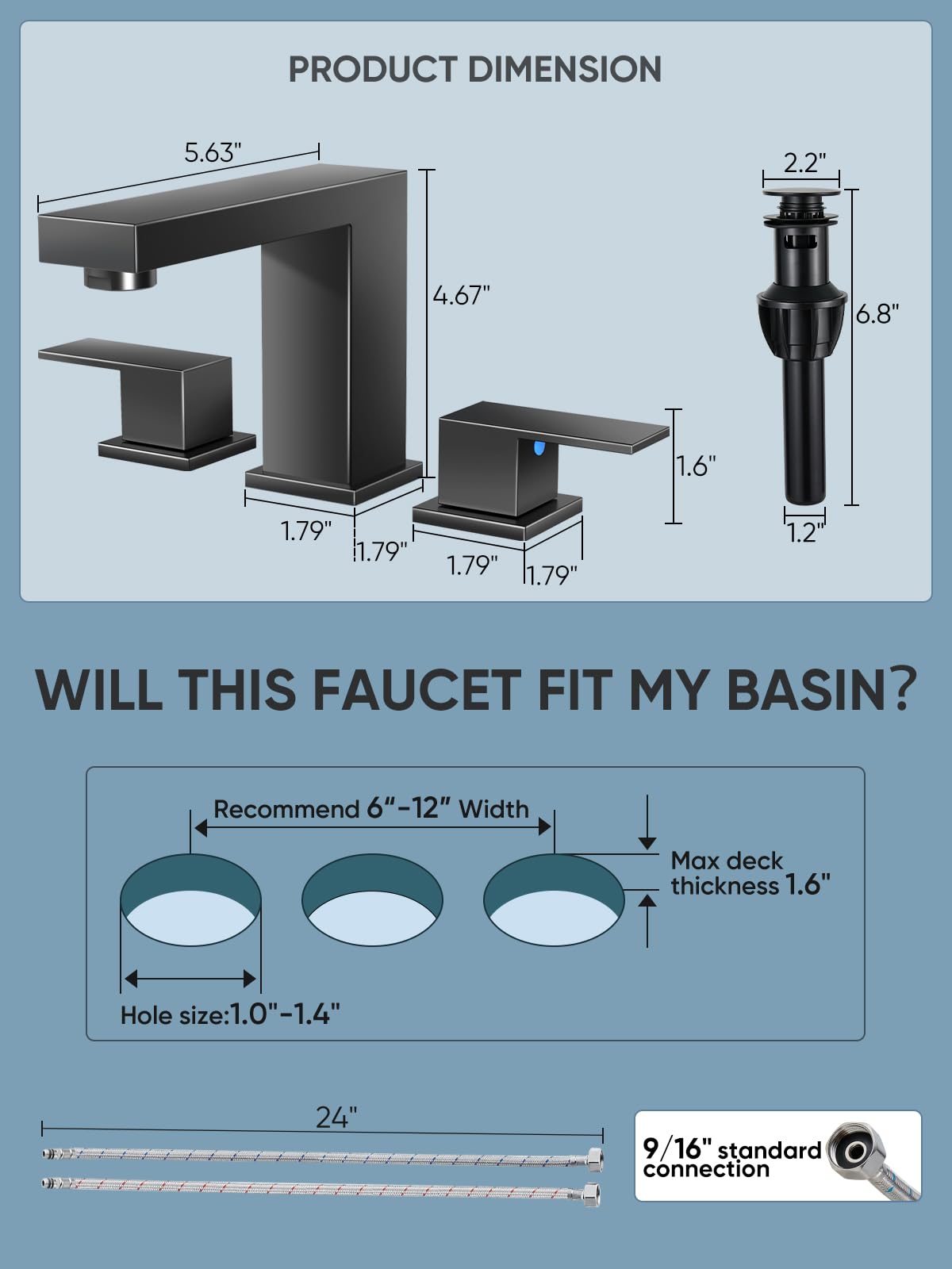 Cobbe Bathroom Faucets for Sink 3 Hole, Matte Black Bathroom Sink Faucet Square 8 inch Widespread with Pop-Up Drain, 2 Handle and 2 Supply Hoses, Lead-Free Stainless Steel for Vanity, Rv, Farmhouse