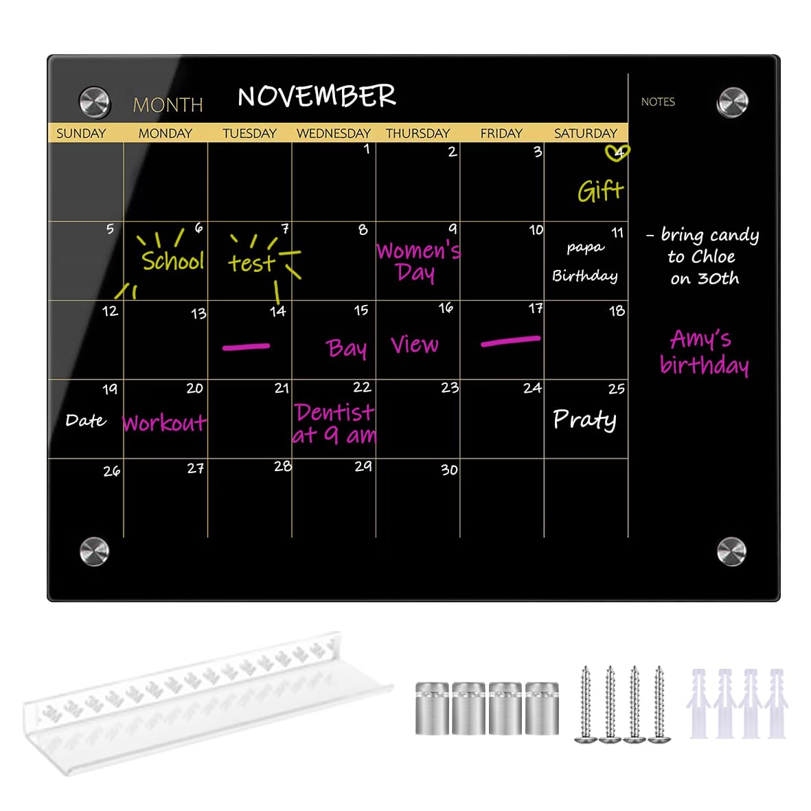 Glass Dry Erase Whiteboard,Monthly Calendar Whiteboard,18" x 24",Frameless Glass White Board for Home,School,Office,Blace Surface(GlassA-BK-4560)