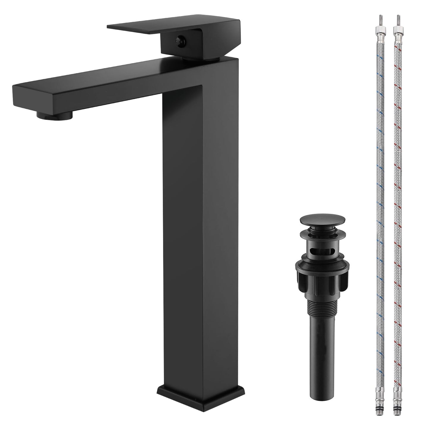 HOZKUY Matte Black Bathroom Faucet Single Handle 1 Hole Tall Bathroom Vessel Sink Faucet, 304 Stainless Steel Modern Vanity Faucet Basin Mixer Tap with Water Supply Hose and Pop Up Sink Drain
