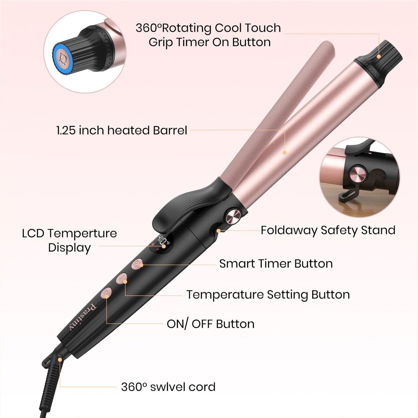 Prastiny Smart Timer Hair Curler Iron 1.25inch Ceramic Coating Large Barrel Hair Curling Wand with LCD Display and Foldaway Safety Stand Dual Voltage for Travel Medium and Long Hair