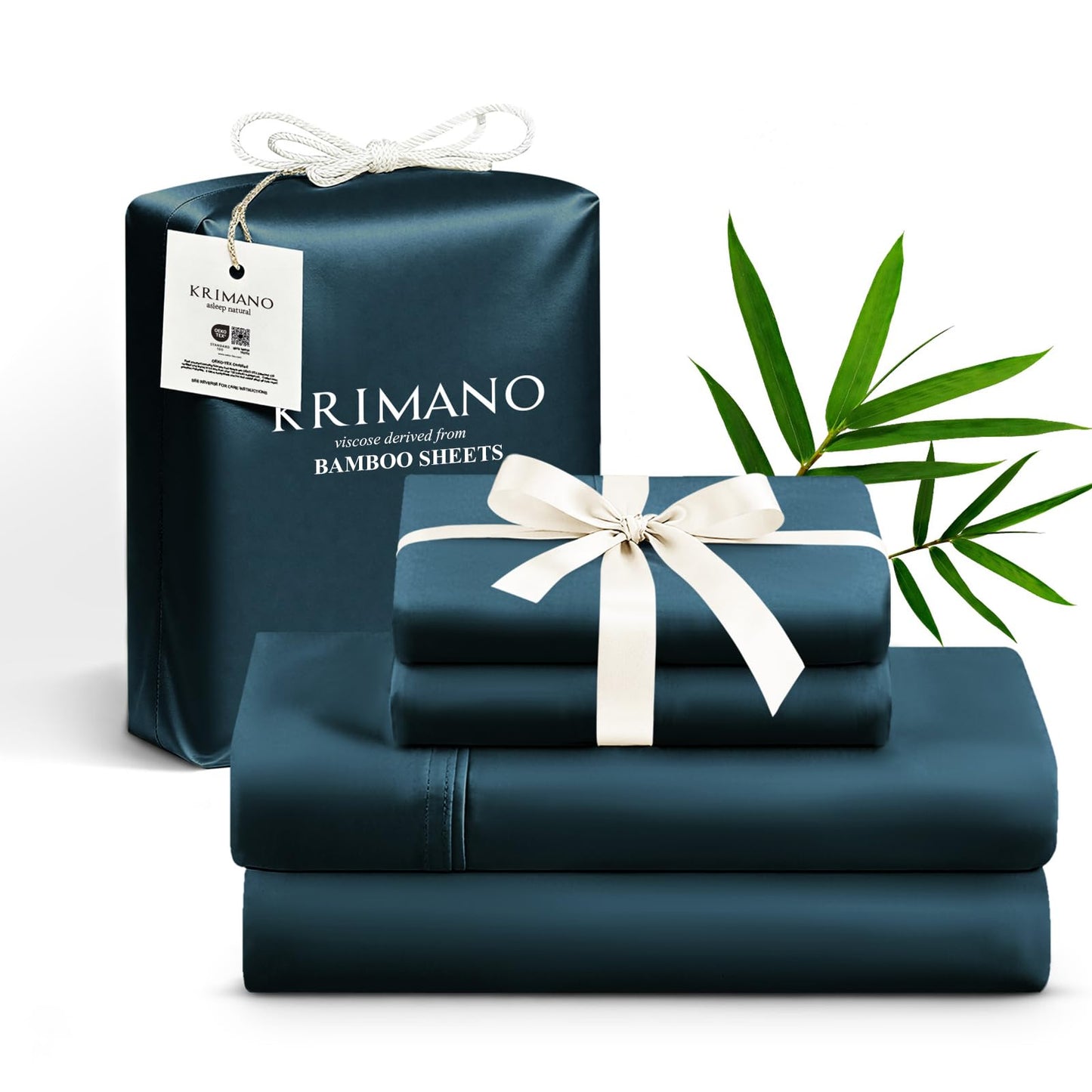 KRIMANO Full Size Sheet Set, Viscose Bamboo Sheets for Bed Set 4pcs, 100% Viscose Derived from Bamboo, Hotel Luxury Silky & Cooling for Hot Sleepers, Deep Pocket Up to 17", Navy Blue