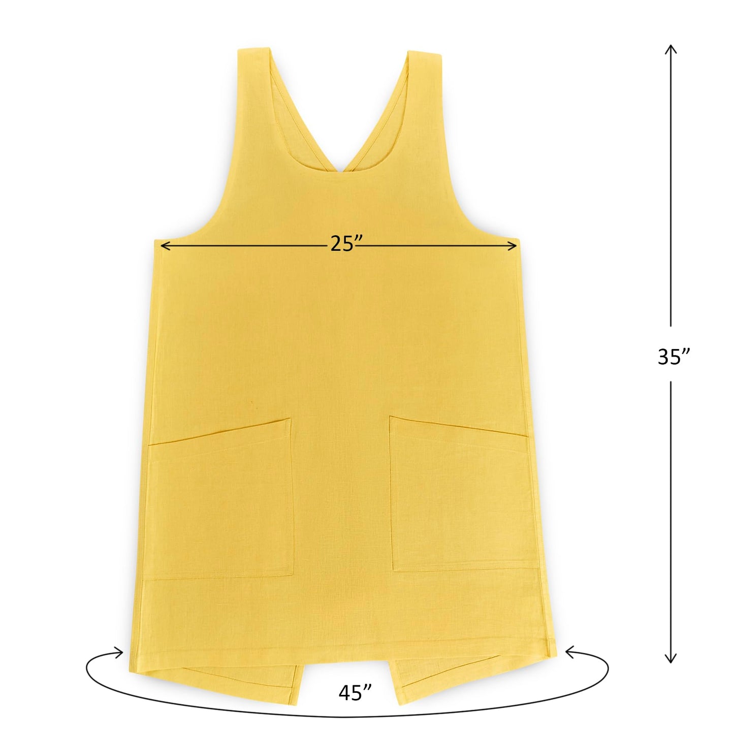 Solino Home Cross Back Linen Apron with Pockets for Gardening, Kitchen - Marigold Yellow Pinafore Smock Apron 100% Pure Linen for Men & Women - Handcrafted from European Flax
