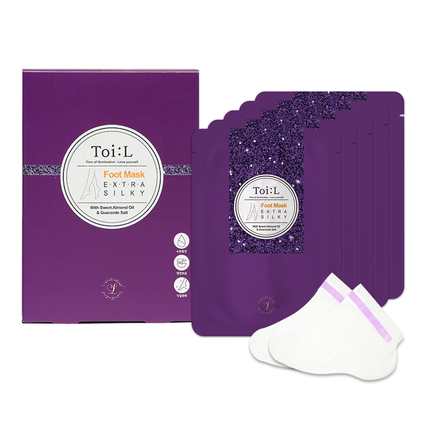 Toi:L Extra Silky Foot Mask 5 Pairs, Post-Peeling Foot Care Treatment, Moisturizing Socks with Guerande Salt & Sweet Almond Oil for Dry Feet, Cracked Heels, and Callus