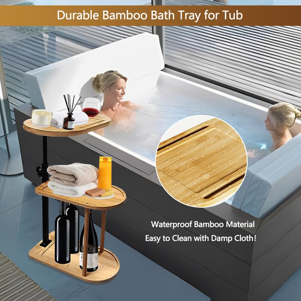 BeGyoku 3 Layer Bathtub Tray Table,Bamboo Swivel Bathtub Side Table Height Adjustable,Freestanding Bathtub Tray for Tub Against Wall,Bathtub Accessories&Bathroom Organizer for Luxury Home Spa-Natural